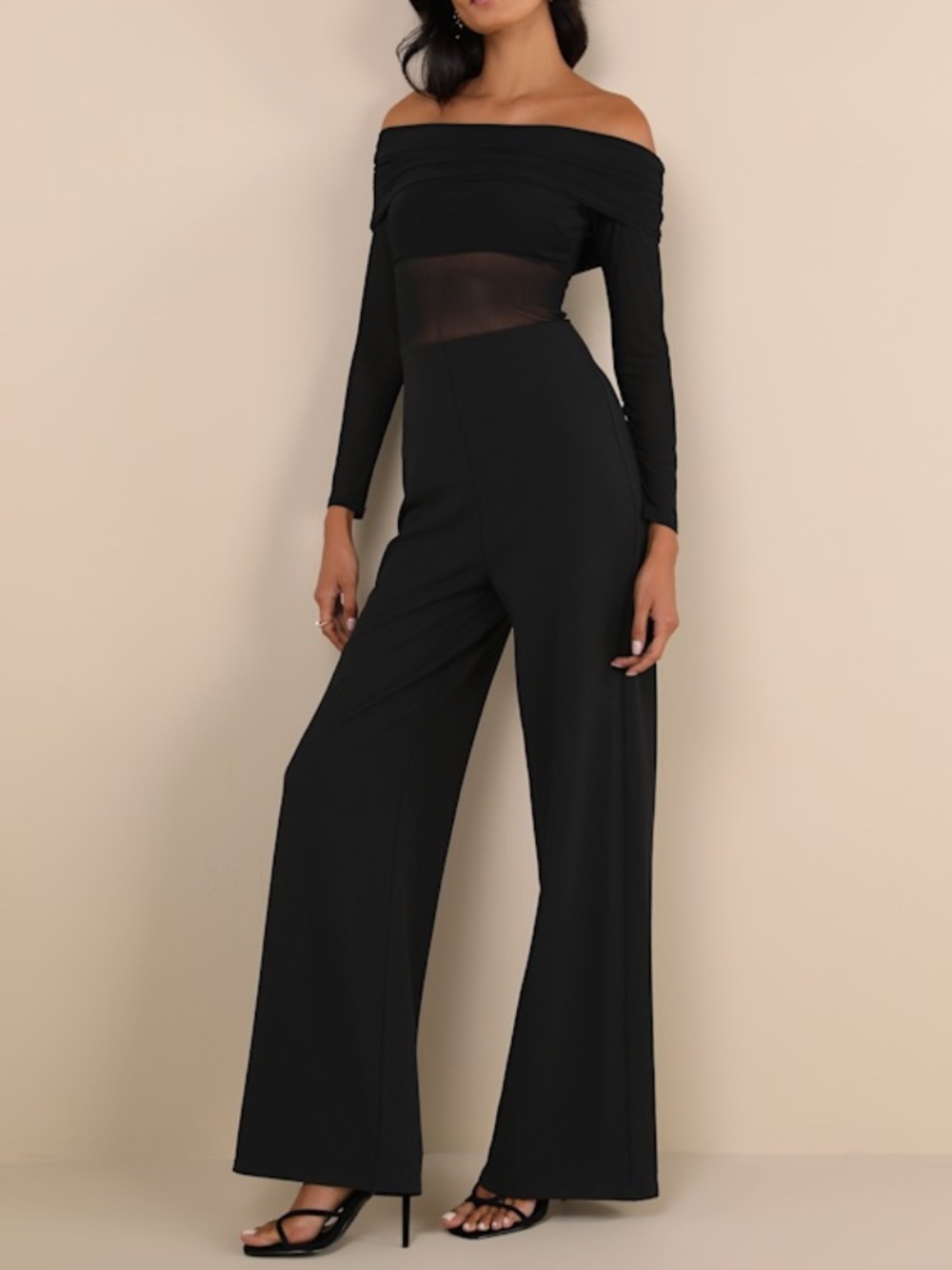 Lulus Sultry Statement Black Mesh Ruched Off-the-shoulder Jumpsuit - Size S